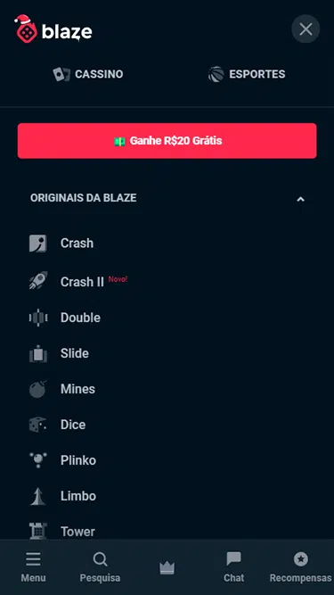 Captura de tela do menu de navegação demonstrando a plataforma Blaze onde pode-se ler: "Originais da blaze: Crash, Crash II, Double, Slide, Mines, Dice, Plinko, Limbo, Tower" etc. 
