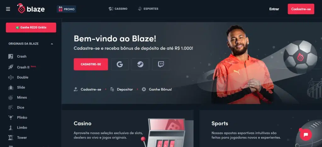Captura de tela do website da Blaze demonstrando a plataforma e as diferentes seções pelas quais se pode navegar. Em destaque, o bônus de cadastro de até R$ 1.000 com foto de Neymar à direita. 