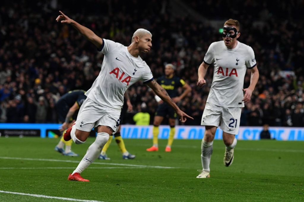 Richarlison-Tottenham-gol-imago1037866778h Atacante Richarlison comemorando gol pelo Tottenham na goleada em cima do Newcastle pela Premier League
