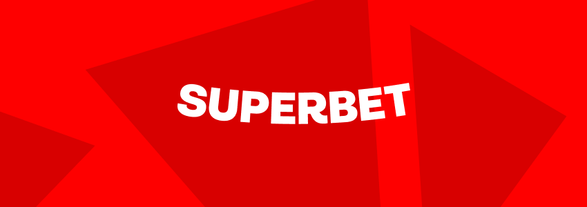 Banner com logotipo da Superbet em cor branca contra fundo em tons de vermelho.