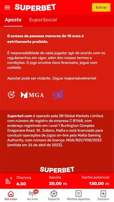 Captura de tela que comprova que a Superbet é confiável por ter sua licença de funciomaneto emitida em Malta, pela Malta Gaming Authority. 