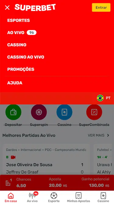 Captura de tela da plataforma da Superbet demonstrando as principais seções pelas quais se pode navegar: Esportes, Ao Vivo, Cassino, Cassino Ao Vivo, Promoções e Ajuda. 