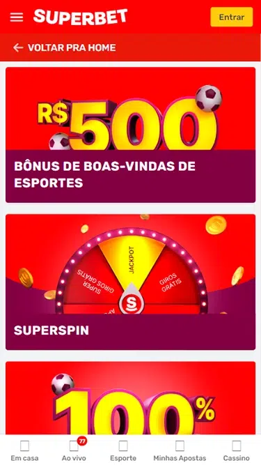 Página de promoções da Superbet demonstrando o bônus de boas-vindas de esportes de até R$ 500 e a promoção de casino "Superspin". 