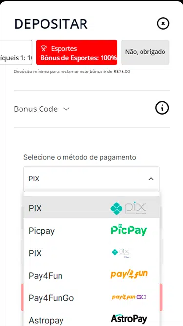 Página de depósito iBet com os métodos de pagamento disponíveis: Pix, Picpay, Pay4Fun, Pay4FunGo, Astropay, etc. 