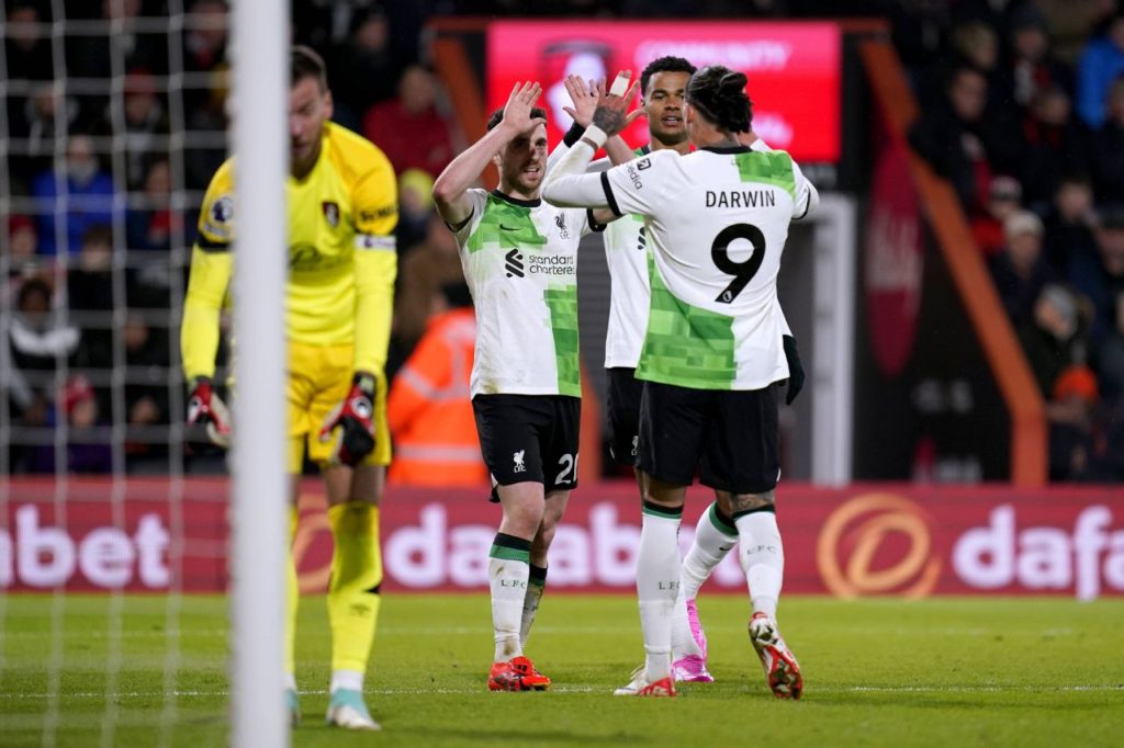 Diogo-Jota-Darwin-Nunez-Liverpool-gol-imago1039282694h Jota e Núñez comemorando gol do Liverpool na goleada sobre o Bournemouth pela Premier League