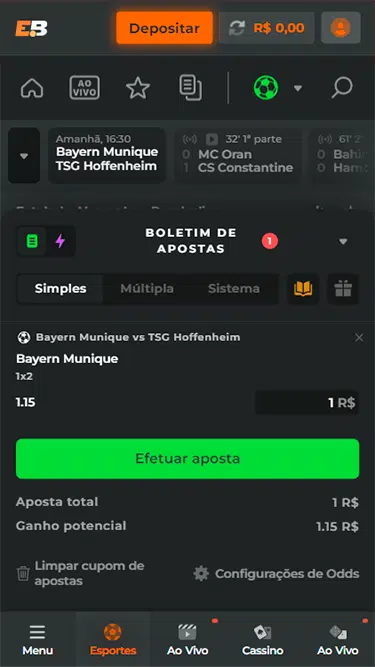 Bilhete de aposta simples da Esportiva Bet com exemplo de partida entre Bayern Munique e TSG Hoffenheim. 

