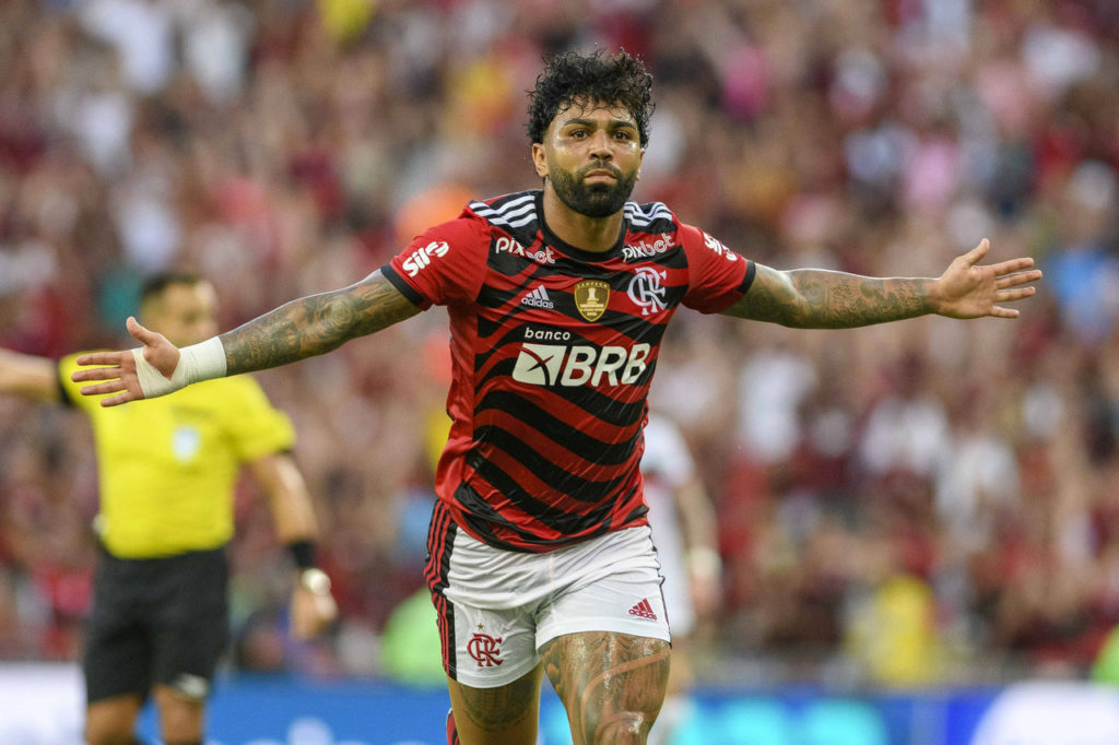 Gabigol-Flamengo-Jogo-imago1022338552h Gabigol, do Flamengo, comemora um gol do time no Campeonato Carioca de 2023.
