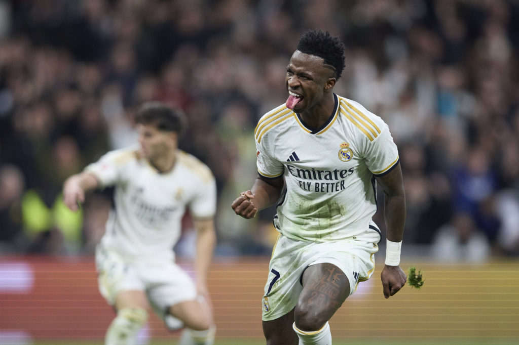 Vini-Jr-Real-Madrid-Jogo-imago1039278419h Vini Jr., do Real Madrid, comemora um gol na partida pelo Campeonato Espanhol.