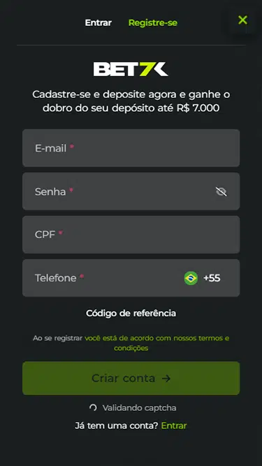 Tela de cadastro da Bet7k com as informações a serem preenchidas: e-mail, senha, CPF e número de telefone. 