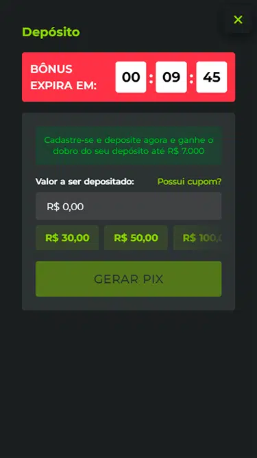 Tela de depósito da Bet7k com campo para inserir valor e botão para gerar o código Pix. 