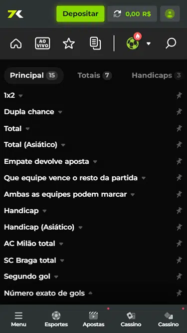 Tela com os mercados da Bet7k nos quais se pode apostar: 1x2, dupla chance, total, total (asiático), empate devolve aposta, que equipe vence o resto da partida, ambas as equipes podem marcar, handicap, handicap (asiático), etc.