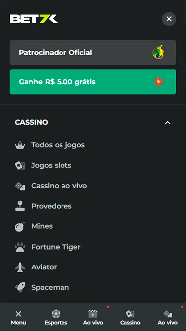 Tela de navegação da Bet7k com as diferentes seções da plataforma. 