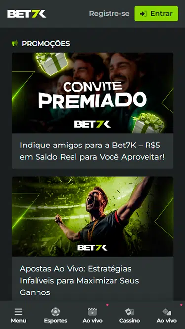 Tela com algumas das promoções da Bet7k: convite premiado de R$ 5 para cadastros de amigos e estratégias infalíveis para apostas ao vivo. 