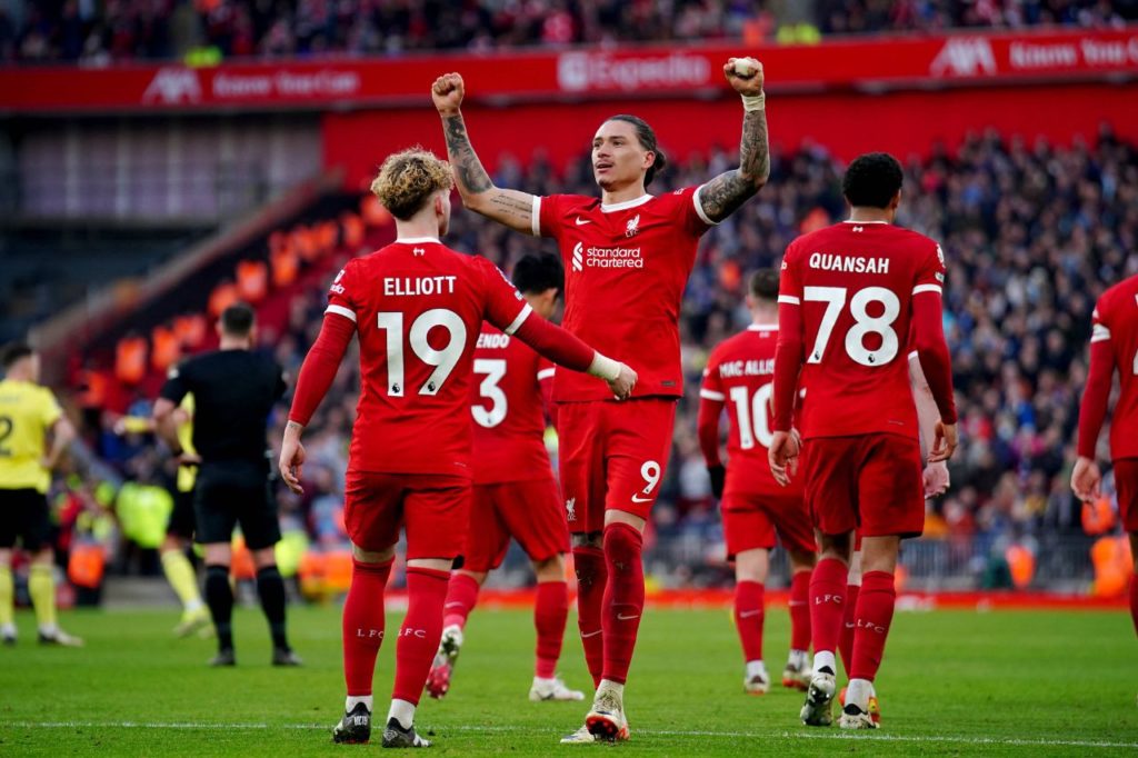 Darwin-Nunez-Liverpool-gol-imago1040325745h Atacante Darwin Núñez comemorando gol pelo Liverpool