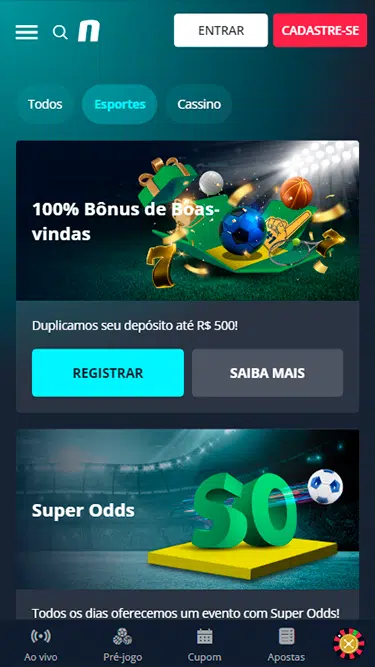 Captura da tela de promoção do bônus de boas-vindas da Novibet: 100% até R$ 500. 