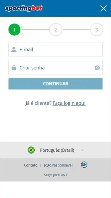 Primeiro passo do cadastro da Sportingbet com os campos para inserir e-mail e escolher a senha.