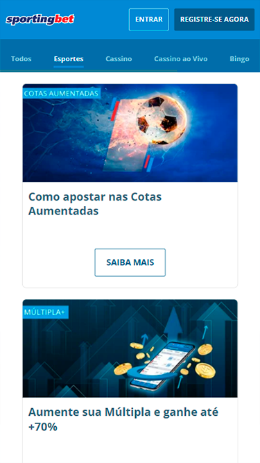 Página de promoções da Sportingbet com algumas das ofertas disponíveis: cotas aumentadas e múltipla aumentada em até 70%. Algumas promoções podem não estar mais disponíveis.