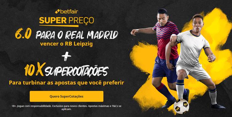 Promoção da Betfair com odds aumentadas para vitória do Real Madrid contra o RB-Leipzig em partida pela Champions League. Dois jogadores disputam a bola à direita em destaque amarelo num fundo preto.