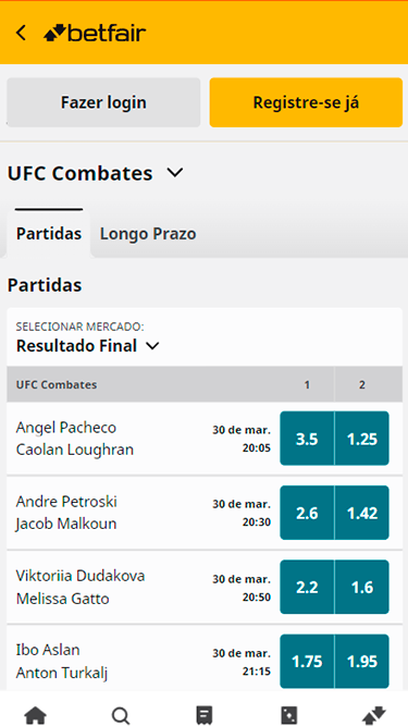 Captura de tela demonstrando a página de apostas em UFC da Betfair com lista das próximas lutas programadas. 