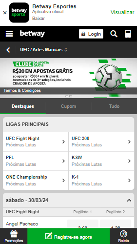 Captura de tela demonstrando a página de apostas em UFC da Betway com as próximas lutas programadas.