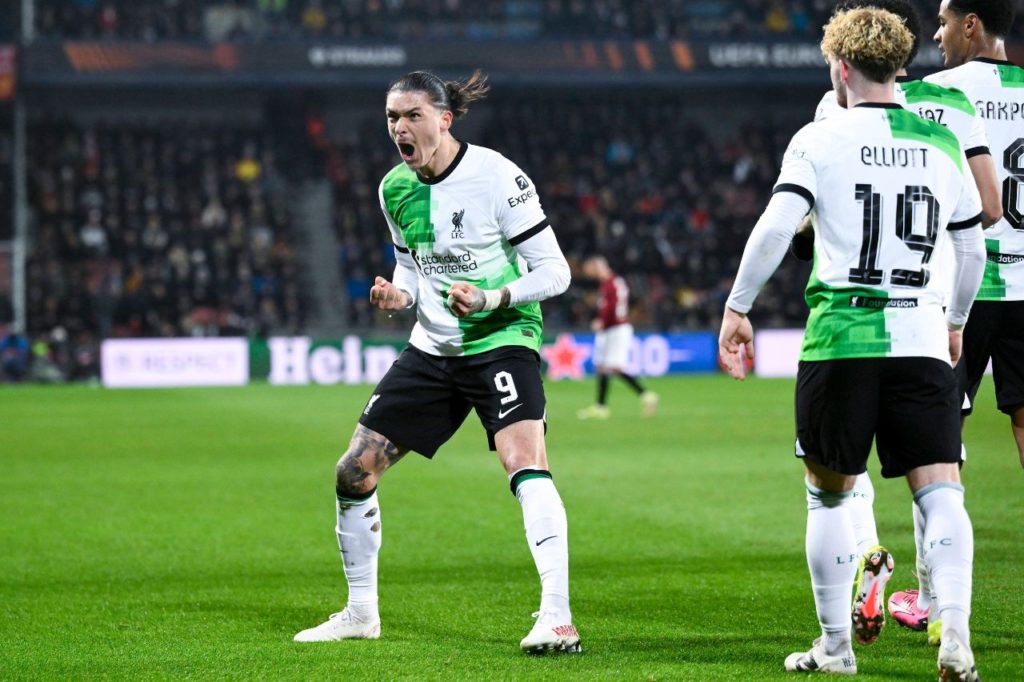 Darwin-Nunez-Liverpool-gol-imago1042107439h Darwin Núñez comemora gol pelo Liverpool em jogo da Europa League