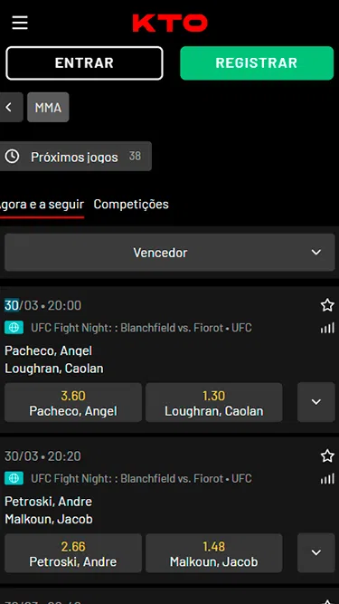 Captura de tela demonstrando a página de apostas em UFC da KTO com as próximas lutas programadas. 