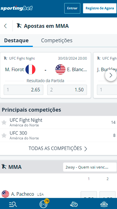 Captura de tela demonstrando a página de apostas em UFC da Sportingbet com as próximas lutas programadas. 
