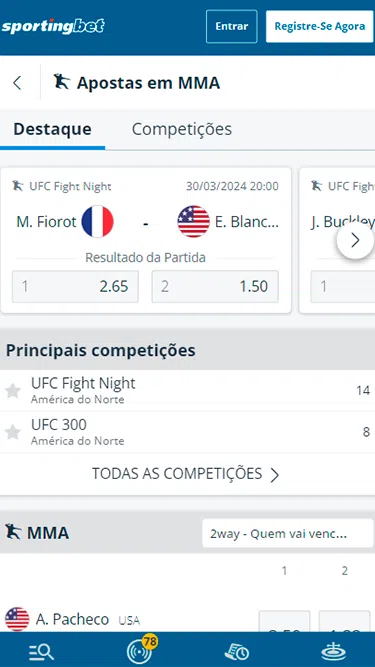 Captura de tela demonstrando a página de apostas em UFC da Sportingbet com as próximas lutas programadas. 
