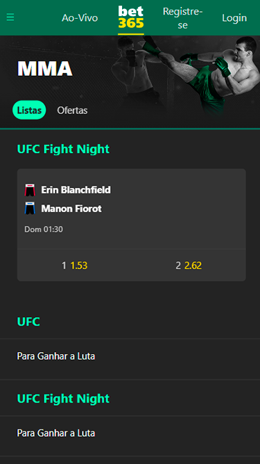 Captura de tela demonstrando a página de apostas em UFC da bet365 com exemplo de luta a acontecer entre Erin Blanchfield e Manon Fiorot. 
