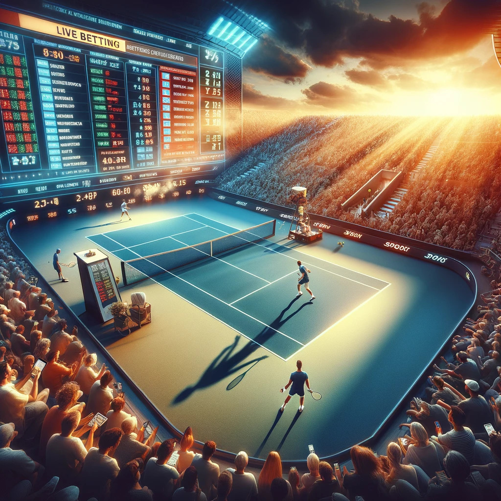 Ilustração de uma partida de tênis ao vivo com um estádio lotado.