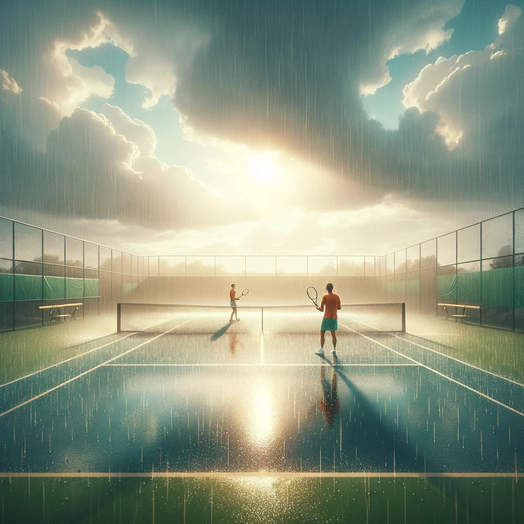 Ilustração de uma partida de tênis sob condições de chuva e tempo parcialmente ensolarado.