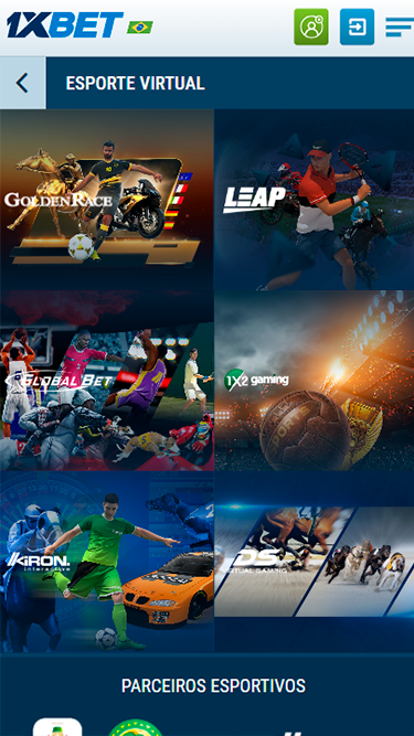 Captura de tela demonstrando a seção de e-sports da 1xbet. Na imagem, pode-se ver uma listagem com´imagens de divulgação dos jogos Golden Race, Leap, Global Bet, 1X2 Gaming, Kiron e DS Virtual Gaming. 