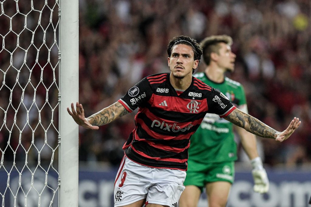 Pedro-Flamengo-Jogo-2X0AHDJ Pedro, do Flamengo, comemora o seu gol na partida contra o Palestino pela Libertadores.