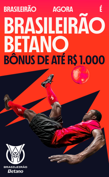 Banner de bônus da Betano para o Campeonato Brasileiro (Brasileirão Betano) anunciando o patrocínio, com bônus de até R$1000 para novos jogadores. Um atleta de futebol se joga em um lance de bicicleta contra um fundo geométrico refletindo a identidade visual da casa de apostas.