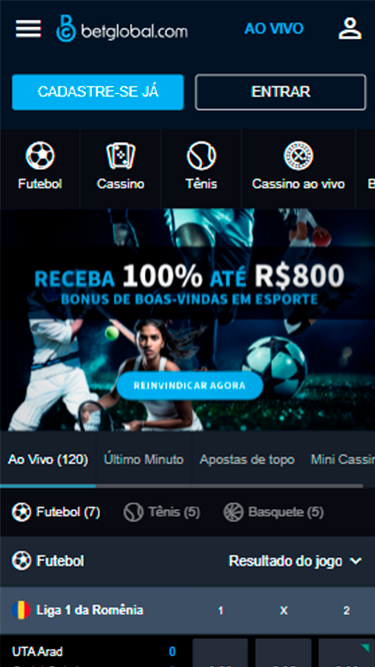 Captura da tela inicial da BetGlobal com imagem de divulgação do bônus de boas-vindas em destaque onde se pode ler: receba 100% até R$800.