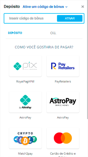 Captura de tela demonstrando as opções de depósito da BetGlobal: Pix, Pay Retailers, AstroPay, Match2pay, Cartão de Crédito e Débito, etc.