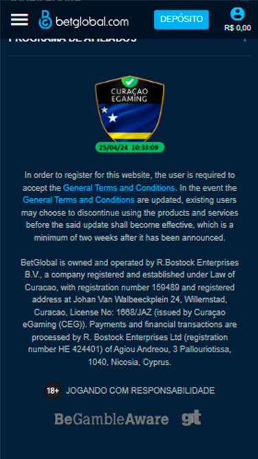 Captura de tela demonstrando as licenças de funcionamento da BetGlobal, emitidas pelo governo de Curaçao. 