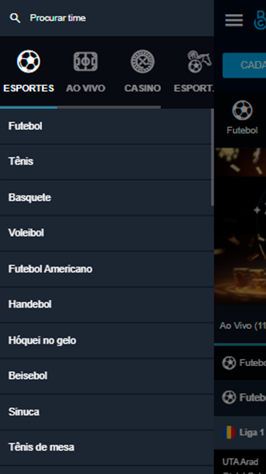 Captura de tela demonstrando as opções de navegação da plataforma da BetGlobal: Esportes, Ao Vivo, Casino, Futebol, Tênis, Basquete, Voleibol, Futebol Americano, Handebol, Hóquei no gelo, etc.
