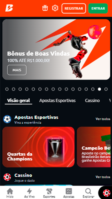 Captura de tela da casa de apostas demonstrando o Betano bônus de boas vindas de 100% até R$1.000.
