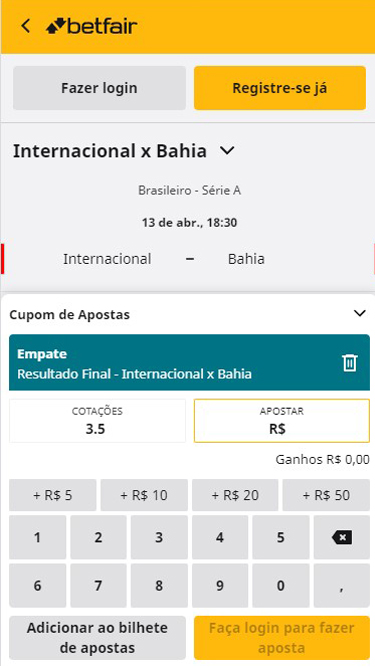 Exemplo de aposta simples em empate na partida Internacional x Bahia, com a Betfair a oferecer cotação de 3.5 