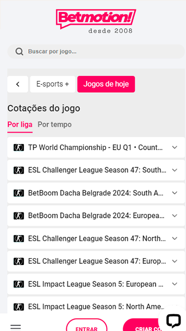 Captura de tela demonstrando a seção de e-sports da Betmotion. Na imagem, pode-se ver uma listagem dos jogos do dia, com a opção de filtrar "por liga" e "por tempo". 