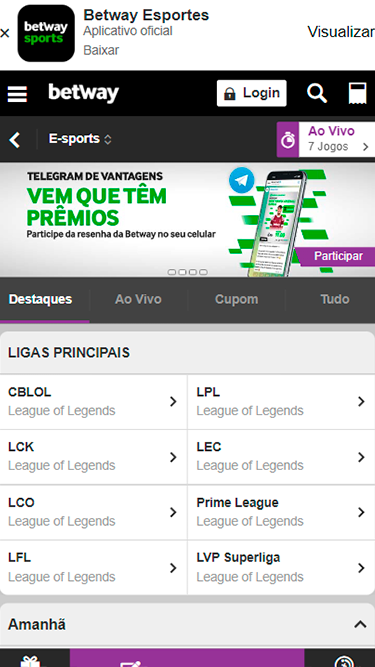 Captura de tela demonstrando a seção de e-sports da Betway. Na imagem, pode-se ver uma listagem de destaques com as "Ligas Principais": CBLOL, LCK, LCO, LFL, todas de League of Legends. 