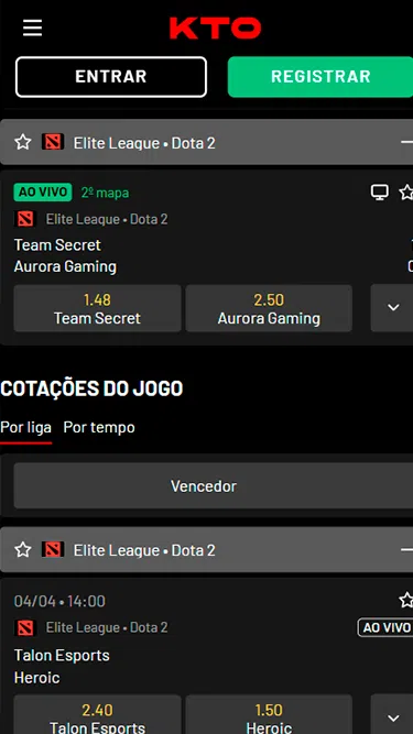 Captura de tela demonstrando a seção de e-sports da KTO. Na imagem, pode-se ver uma seção de partidas acontecendo no momento, de Dota 2, e logo abaixo uma seção com as cotações dos jogos. 
