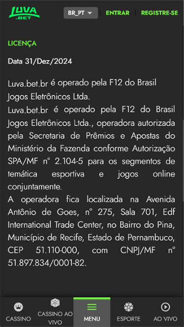 Esta é uma captura de tela que mostra a licença da Luva Bet, demonstrando que é confiável.