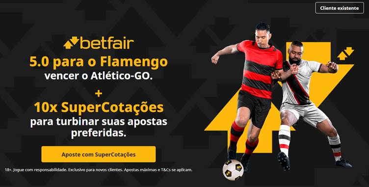 Banner divulgando odds especiais de 5.0 para o Flamengo vencer o Atlético-GO na estreia do Campeonato Brasileiro 2024. Dois jogadores disputam a bola com uniformes nas cores dos times, contra fundo preto e elementos amarelos, nas cores da Betfair.