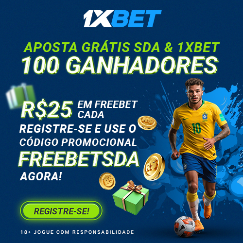 Banner divulgando a promoção exclusiva do SDA com a 1XBET, onde 100 ganhadores vão levar R$25 em freebet cada. Use o código FREEBETSDA