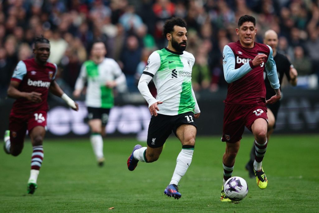 Salah-Liverpool-West Ham-jogo-alamy2X3J5CN Atacante Salah em ação pelo Liverpool no jogo contra o West Ham pela Premier League