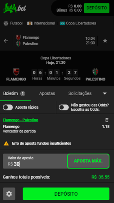 Captura de tela do boletim de aposta simples da Luva Bet com exemplo de jogo entre Flamengo e Palestino. 