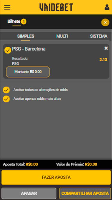 Captura de tela demonstrando boletim de aposta simples da Vaidebet com exemplo de partida entre PSG e Barcelona.