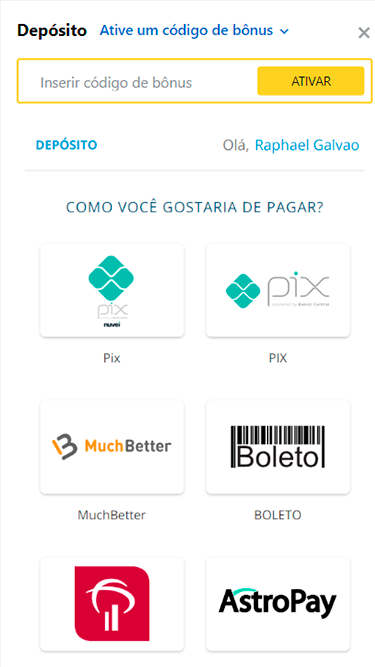 Captura da tela de depósito da bet O bet com as opções de pagamento disponíveis: Pix, MuchBetter, Boleto, Banco Bradesco, AstroPay, etc.